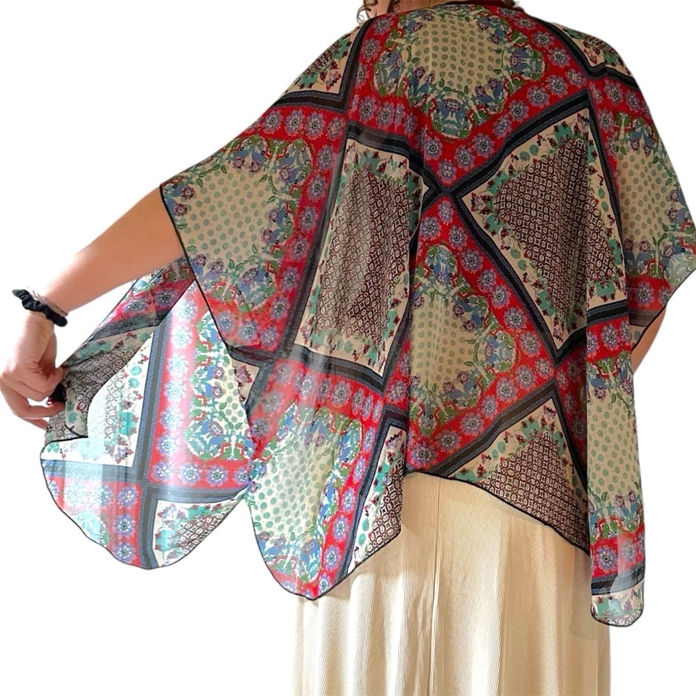 Band of Gypsies Colorful Kimono Patchwork  Geometric 3/4 Sleeve Asymmetric Boho - Picture 4 of 6